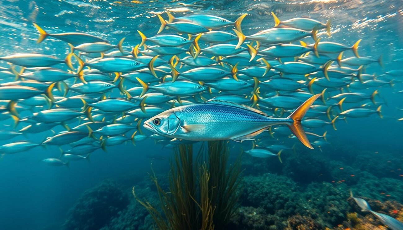 A bountiful school of sleek, azure-hued fish gracefully gliding through the shimmering waters of the Tyrrhenian Sea. The sun's golden rays dance across their iridescent scales, casting a warm, ethereal glow. In the foreground, a lone specimen emerges, its vibrant blue hue accentuated by the crystalline waves lapping at its fins. Surrounding the focal point, a vibrant underwater seascape teems with marine life, from swaying kelp to darting schools of smaller fish. The overall scene evokes a sense of tranquility and abundance, perfectly capturing the essence of the traditional "pesce azzurro" from the Basilicata region of Italy. A bountiful school of sleek, azure-hued fish gracefully gliding through the shimmering waters of the Tyrrhenian Sea. The sun's golden rays dance across their iridescent scales, casting a warm, ethereal glow. In the foreground, a lone specimen emerges, its vibrant blue hue accentuated by the crystalline waves lapping at its fins. Surrounding the focal point, a vibrant underwater seascape teems with marine life, from swaying kelp to darting schools of smaller fish. The overall scene evokes a sense of tranquility and abundance, perfectly capturing the essence of the traditional "pesce azzurro" from the Basilicata region of Italy.