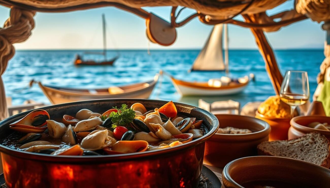 A bountiful seafood stew, Brodetto Pescarese, simmers in a copper pot over a crackling fire. Fresh-caught fish and shellfish from the Adriatic Coast mingle with aromatic herbs, garlic, and a splash of white wine, creating a rich, savory broth. The scene is bathed in warm, golden light, evoking the cozy ambiance of a traditional Italian coastal kitchen. In the background, a pair of weathered fishing boats bob gently on the gently lapping waves, their sails unfurled against a clear azure sky. This quintessential dish, a legacy of the region's proud maritime heritage, is about to be served in earthenware bowls, ready to be savored alongside crusty bread and a glass of chilled local white wine. A bountiful seafood stew, Brodetto Pescarese, simmers in a copper pot over a crackling fire. Fresh-caught fish and shellfish from the Adriatic Coast mingle with aromatic herbs, garlic, and a splash of white wine, creating a rich, savory broth. The scene is bathed in warm, golden light, evoking the cozy ambiance of a traditional Italian coastal kitchen. In the background, a pair of weathered fishing boats bob gently on the gently lapping waves, their sails unfurled against a clear azure sky. This quintessential dish, a legacy of the region's proud maritime heritage, is about to be served in earthenware bowls, ready to be savored alongside crusty bread and a glass of chilled local white wine.