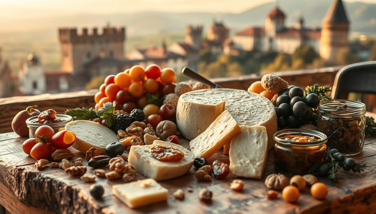 A bountiful spread of Parmigiano Reggiano cheese, accompanied by an array of seasonal fruits, nuts, and chutneys, artfully arranged on a rustic wooden table. The warm, golden lighting casts a cozy ambiance, while the composition captures the harmony of flavors and textures that epitomize the gastronomic pairings of the Emilian region. In the background, glimpses of the majestic Castles of Parma and Piacenza, their timeless architecture serving as a backdrop to this culinary celebration.