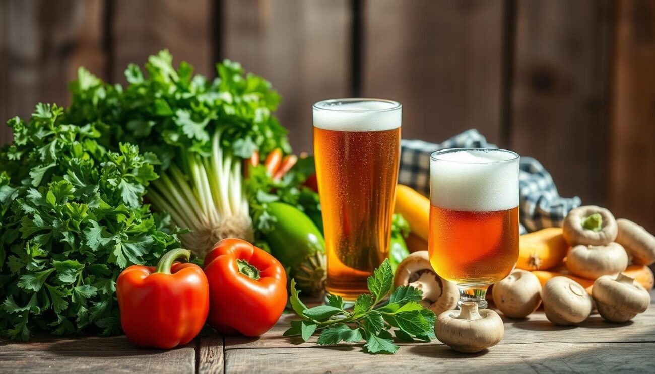 A bountiful still life, capturing the essence of "Birra e Verdure": a rustic wooden table set with a frosty glass of amber ale, surrounded by a vibrant array of fresh vegetables - crisp greens, vibrant peppers, and earthy mushrooms. The scene is bathed in soft, natural light, creating a warm, inviting atmosphere. The composition is balanced, with the beer taking center stage, complemented by the vibrant produce. This harmonious pairing reflects the perfect union of beer and vegetables, showcasing their versatility and complementary flavors in a visually striking and appetizing manner.