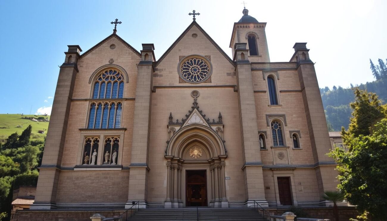 A breathtaking medieval church, Santa Maria della Rocca, nestled atop a hill in the quaint town of Offida. Its striking limestone façade, adorned with intricate arched windows and a majestic central rose window, stands in contrast to the lush green hills that embrace it. Sunlight filters through the stained glass, casting a warm, ethereal glow within the sacred space. The ornate interior, with its vaulted ceilings and ornate altars, evokes a sense of timeless wonder. Capture the essence of this architectural gem, a true testament to the region's rich heritage and the skilled craftsmanship of its builders.
