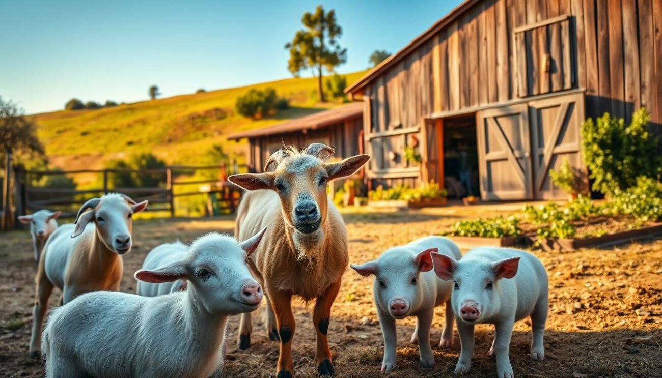 A bucolic farmyard scene, bathed in soft, golden natural light. In the foreground, a group of friendly farm animals - a pair of curious goats, a fluffy sheep, and a playful piglet - engage in gentle interactions. In the middle ground, a weathered wooden barn and a well-tended vegetable garden set the rustic, pastoral tone. The background features gently rolling hills, dotted with verdant trees and a clear, azure sky. This peaceful, inviting composition captures the essence of a traditional Italian agriturismo, where visitors can immerse themselves in the rhythms of farm life and connect with the natural world.