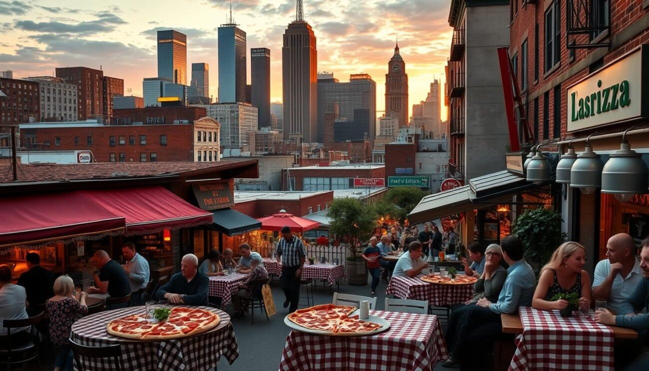 A bustling American city skyline at golden hour, with a vibrant Italian-American neighborhood in the foreground. Authentic wood-fired pizzerias line the streets, their aromas wafting through the air. Families and friends gather around checkered tablecloths, sharing slices of piping hot pizza topped with bubbling mozzarella, pepperoni, and fragrant basil. The scene captures the rich cultural fusion that has made pizza an integral part of the American culinary landscape, a testament to the enduring influence of Italian immigrants who brought their cherished traditions to the new world.