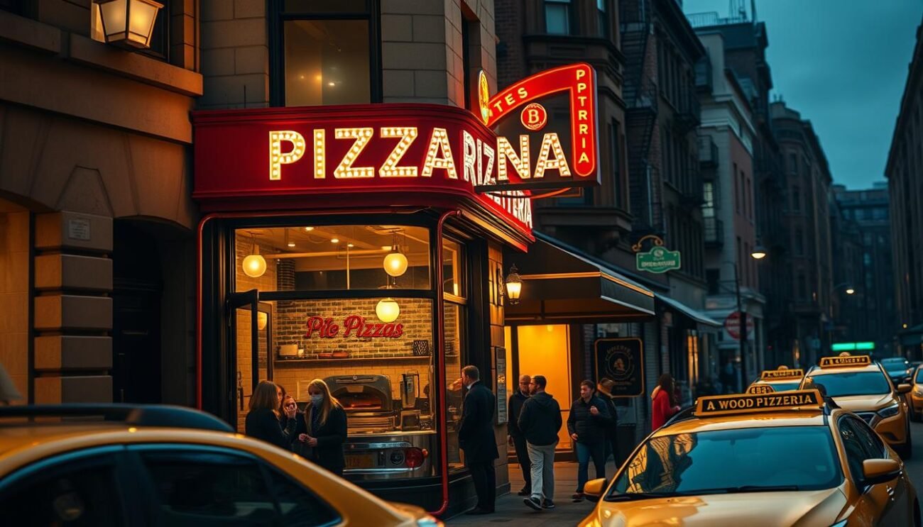 A bustling New York City street at night, the neon sign of a classic pizzeria illuminating the scene. The storefront features large windows showcasing a cozy, inviting interior, the wood-fired oven visible in the back. Customers line up eagerly, the aroma of freshly baked, thin-crust pizza wafting through the air. The street is lined with brownstone buildings, yellow cabs cruising by, creating an authentic New York ambiance. Soft, warm lighting casts a golden glow, complementing the vibrant colors of the pizzeria's facade. A sense of timeless tradition and culinary expertise permeates the composition, capturing the essence of the New York-style pizza experience.