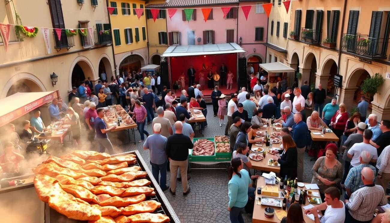 A bustling Tuscan town square, adorned with colorful banners and lively crowds. In the center, a magnificent display of sizzling porchetta, its crisp golden skin and juicy meat filling the air with irresistible aromas. Locals and visitors alike gather around long tables, savoring the succulent pork, sipping local wines, and sharing stories. In the background, a stage showcases traditional music and dance, creating a vibrant, festive atmosphere. Warm, golden sunlight filters through the buildings, casting a cozy glow over the scene. Capture the essence of this annual celebration of Cinta Senese porchetta, a cherished culinary tradition in the heart of Tuscany.