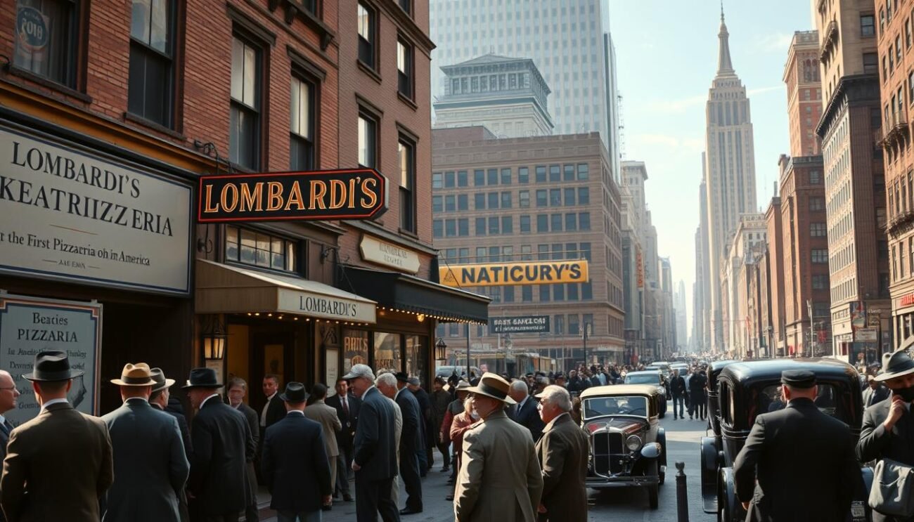 A bustling city street in early 20th century New York, as a crowd gathers around the entrance of a quaint Italian pizzeria. The aroma of freshly baked dough and melted cheese wafts through the air, drawing in curious onlookers. In the foreground, a group of men in suits and hats stand chatting, gesturing towards the entrance. Beyond them, the storefront is adorned with a simple sign reading "Lombardi's", the first pizzeria to open in America. The middle ground features a mix of horse-drawn carriages and early automobiles, while in the background, the iconic skyscrapers of the city skyline rise up, bathed in the warm glow of the afternoon sun. The scene captures the arrival and integration of Italian culinary traditions into the fabric of American culture.