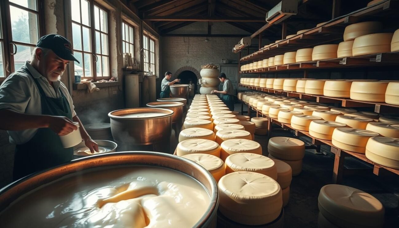 A bustling dairy farm nestled in the lush Italian countryside, where skilled cheesemakers meticulously craft the Pannerone Lodigiano. In the foreground, a worker diligently stirs a large copper vat, the rich, creamy curds slowly taking shape. Sunlight filters through the windows, casting a warm glow over the scene. In the middle ground, a team of artisans carefully mold the soft cheese into its distinctive shape, their hands moving with practiced precision. The background reveals the aging room, where rows of Pannerone wheels rest on wooden shelves, maturing to perfection under the watchful eye of seasoned affineurs. The overall atmosphere conveys the traditional, time-honored process that gives this iconic Lombard delicacy its unique character and flavor.