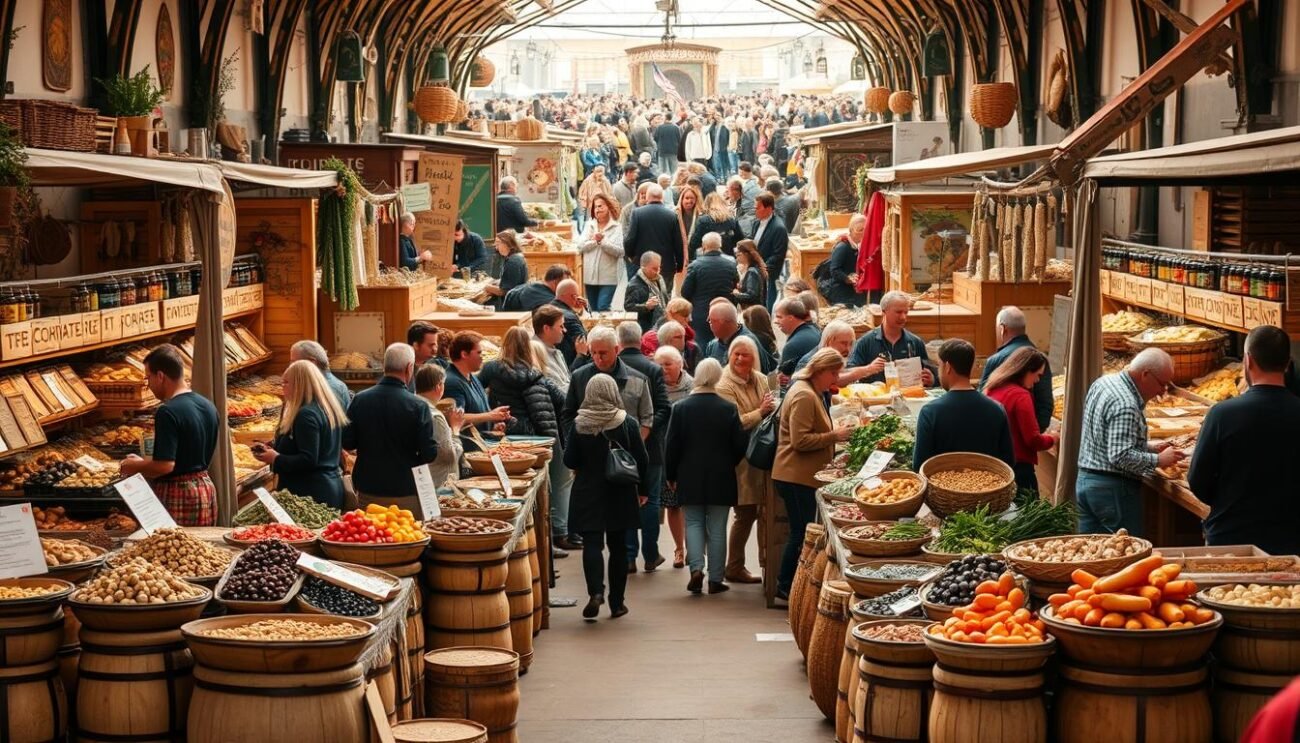 A bustling marketplace filled with artisanal food producers showcasing their wares, surrounded by the warmth and community of the Terra Madre Salone del Gusto in Torino. In the foreground, an array of earthy, handcrafted display stands invite visitors to explore the bounty of local, sustainable food traditions. The middle ground reveals the vibrant interactions between producers and guests, as they exchange stories and share the passion for their craft. In the background, a lively atmosphere of festivities and cultural exchange creates a sense of celebration, highlighting the rich diversity of the Slow Food movement. Soft, natural lighting bathes the scene, lending an inviting, authentic ambiance to the image.