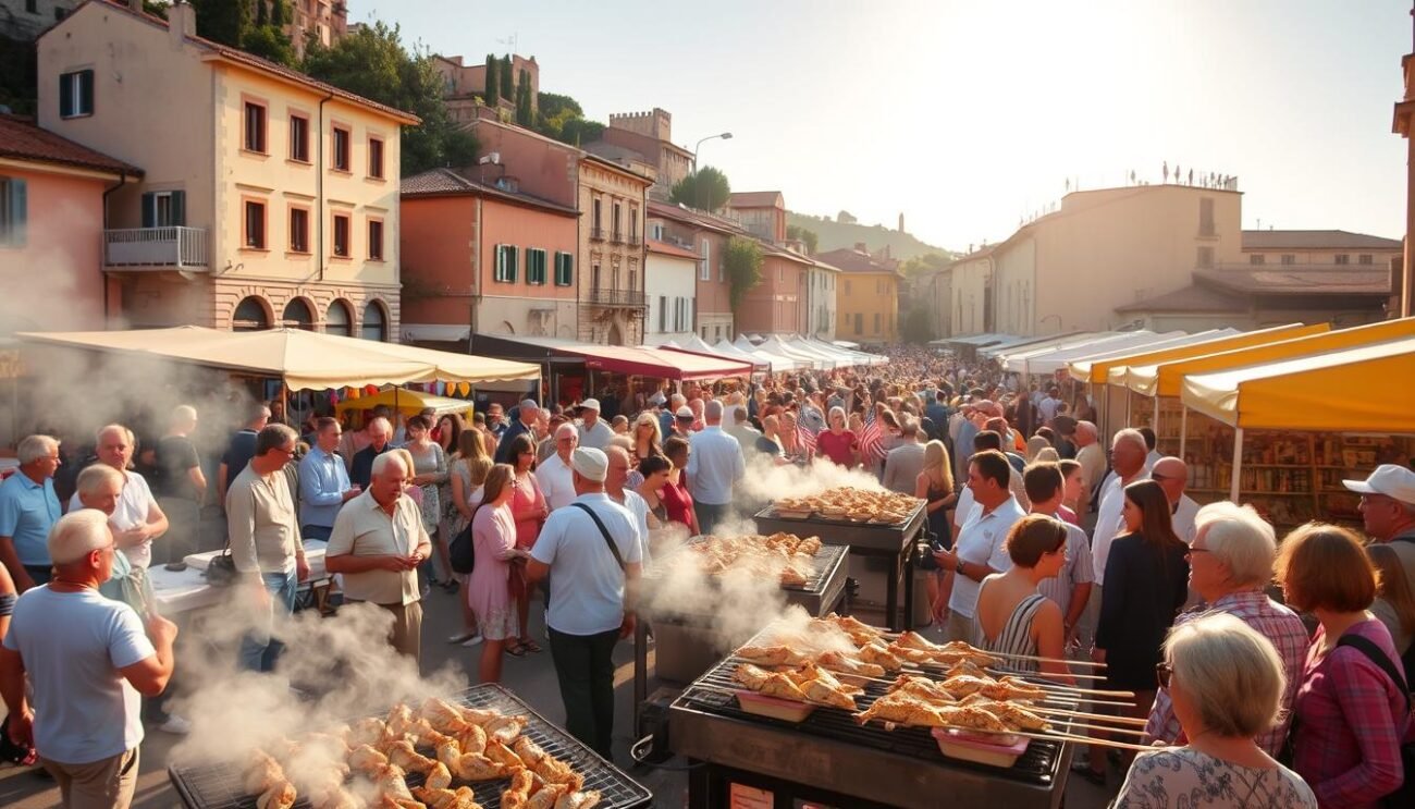 A bustling outdoor festival in the charming town of Villanova d'Albenga, Liguria. The air is filled with the enticing aroma of freshly grilled rabbit, a local delicacy. In the foreground, a lively crowd gathers around grilling stations, eagerly awaiting their plates of "Carne Bianca Ligure." Colorful market stalls line the streets, offering an array of artisanal goods and regional specialties. In the background, the historic buildings of the town provide a picturesque backdrop, while a warm Mediterranean sun casts a golden glow over the entire scene. The atmosphere is one of celebration, community, and the joyful discovery of Ligurian culinary traditions.