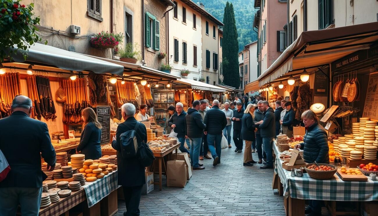 A bustling outdoor market in a picturesque Italian town, showcasing the proud heritage of the Sagra del Maiale Nero di Castelpoto. Artisanal food stalls display mouthwatering cured meats, handcrafted cheeses, and fresh produce, all celebrating the rich culinary tradition of the region. Locals and visitors mingle, exchanging stories and sampling the delectable offerings. The scene is bathed in warm, golden light, capturing the festive atmosphere and cultural significance of this cherished annual event. Cobblestone streets, historic buildings, and a vibrant community spirit come together to create a captivating image that embodies the essence of this gastronomic treasure.