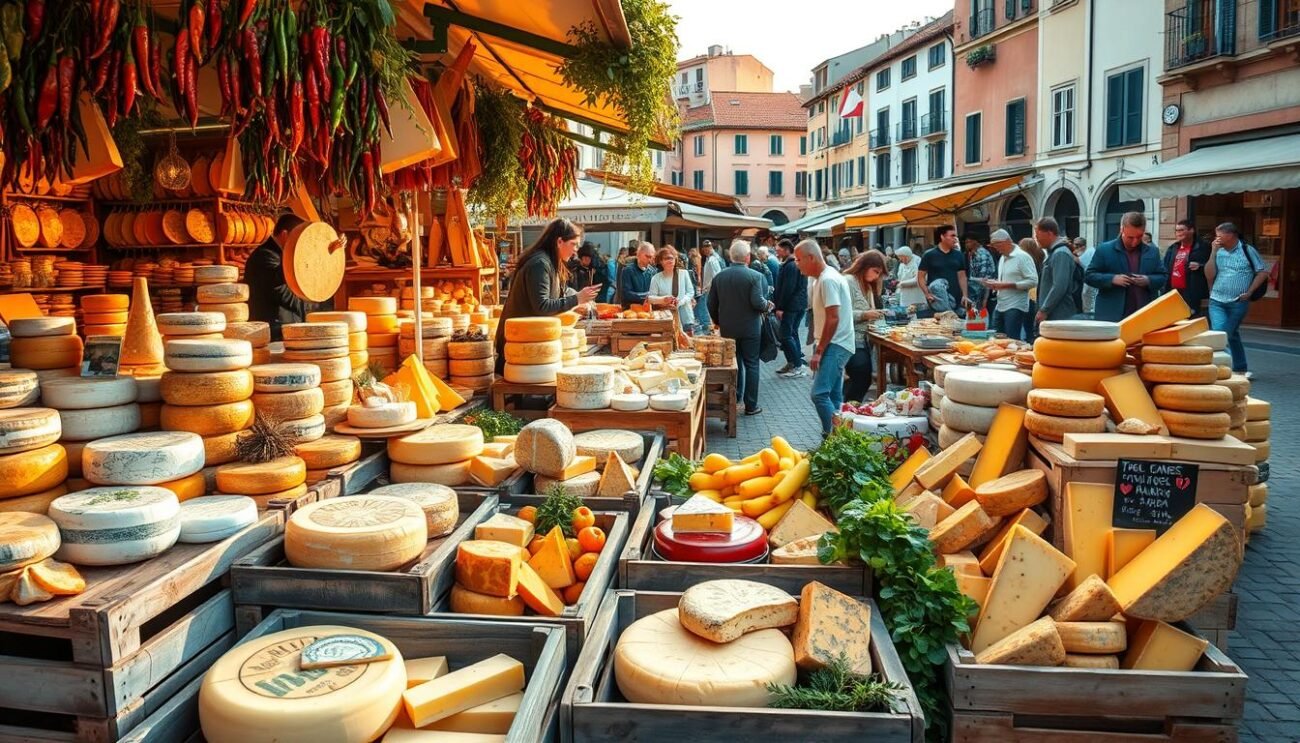 A bustling outdoor market overflowing with an abundance of artisanal cheeses, each wheel and wedge showcasing the diverse regional flavors of Italy. Wooden crates brimming with fresh, fragrant produce create a colorful patchwork in the foreground, while in the middle ground, enthusiastic vendors enthusiastically offer samples to curious patrons. Strings of dried chili peppers and bunches of fresh herbs hang from the stalls, lending an authentic, rustic ambiance. The background is a patchwork of historic buildings and cobblestone streets, evocative of the traditional Italian town square. Warm, golden sunlight filters through the scene, casting a welcoming glow and highlighting the textures and details of the cheeses, creating an inviting and immersive atmosphere.