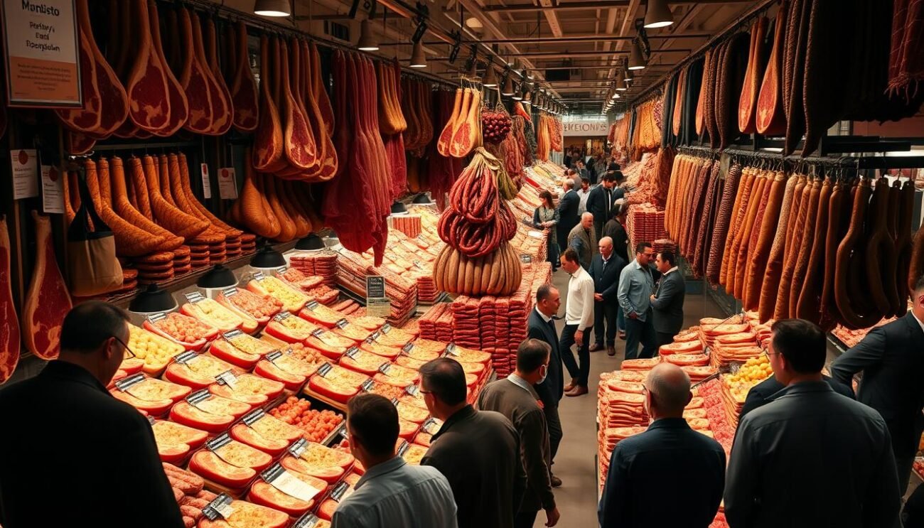 A bustling professional meat fair, showcasing the finest traditional Italian carne. Gleaming stalls display premium cuts, artfully arranged to highlight their quality and craftsmanship. In the foreground, buyers and sellers examine the goods, discussing provenance and production methods under warm, golden lighting. The middle ground features towering displays of dry-aged beef, sausages, and cured meats, their rich colors and textures beckoning passersby. The background is a maze of corridors, bustling with the energy of negotiation and the aroma of slow-cooked delicacies. The scene exudes an atmosphere of expertise, tradition, and a reverence for the art of meat-making.