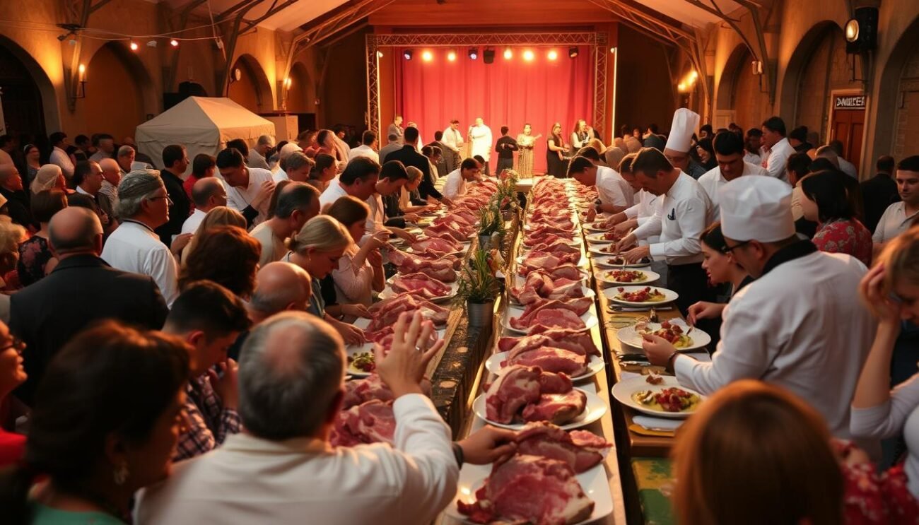 A bustling scene of the Festa del Castrato di Offida, an annual celebration of the Marche region's renowned castrated lamb. In the foreground, a lively crowd gathers around long tables, sampling rich, succulent cuts of the prized meat. In the middle ground, chefs meticulously prepare and serve the dishes, their movements expertly choreographed. In the background, a stage is set, hinting at the imminent live music and entertainment that will liven the atmosphere. The lighting is warm and inviting, casting a golden glow over the event, capturing the spirit of tradition and community. The overall scene conveys the joy and anticipation of this gastronomic festival, showcasing the excellence of Marche's culinary heritage.