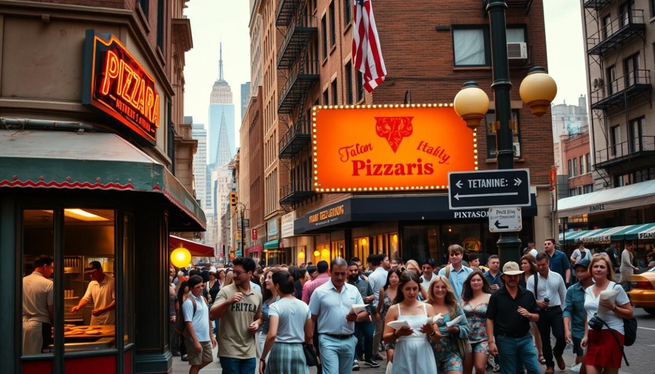 A bustling street corner in the heart of New York City, the aroma of freshly baked pizza wafting through the air. In the foreground, a charming Italian-style pizzeria, its weathered storefront adorned with a neon sign and vibrant awning. Through the large windows, glimpses of white-aproned chefs tossing dough and sliding piping hot pies into a wood-fired oven. The middle ground is a bustling sidewalk, filled with a diverse crowd of locals and tourists, some carrying steaming slices wrapped in paper. In the background, the iconic skyline of Manhattan rises, a testament to the city's rich cultural tapestry. Warm, golden lighting illuminates the scene, casting a welcoming glow and evoking the spirit of a bygone era when Italian immigrants first brought their culinary traditions to America.