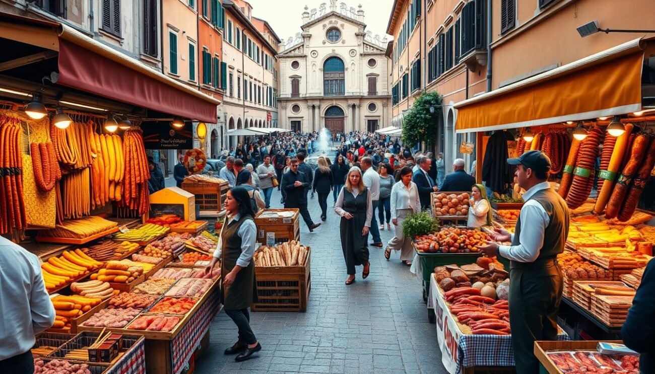 A bustling street fair in an Italian town, featuring an array of local meat vendors and artisanal producers. A central market stall showcases an impressive display of traditional sausages, cured meats, and whole roasted cuts. Vendors in traditional garb greet passersby, enticing them with the aroma of sizzling grills and the vibrant colors of regional produce. In the background, a medieval piazza is alive with the chatter of crowds and the melody of regional folk music. Warm, golden lighting casts a cozy ambiance over the scene, inviting visitors to immerse themselves in the celebratory atmosphere of the "Sagra della Carne".