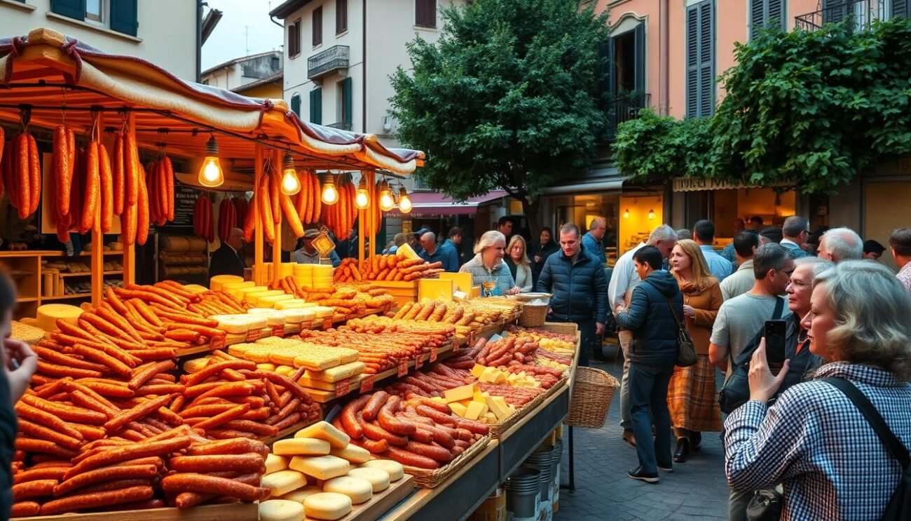 A bustling street scene in the heart of Bra, Piedmont, as locals and visitors gather for the annual Sagra della Salsiccia di Bra. The focal point is a large, traditional market stall overflowing with glistening sausages, handcrafted cheeses, and other regional delicacies. Warm, golden lighting casts a cozy glow over the scene, highlighting the vibrant colors and textures of the artisanal products. In the background, historic buildings and lush greenery set the stage for this celebration of Piedmont's rich gastronomic heritage. The atmosphere is one of conviviality and pride, as the community comes together to honor their beloved Salsiccia di Bra, a cherished culinary tradition. A bustling street scene in the heart of Bra, Piedmont, as locals and visitors gather for the annual Sagra della Salsiccia di Bra. The focal point is a large, traditional market stall overflowing with glistening sausages, handcrafted cheeses, and other regional delicacies. Warm, golden lighting casts a cozy glow over the scene, highlighting the vibrant colors and textures of the artisanal products. In the background, historic buildings and lush greenery set the stage for this celebration of Piedmont's rich gastronomic heritage. The atmosphere is one of conviviality and pride, as the community comes together to honor their beloved Salsiccia di Bra, a cherished culinary tradition.