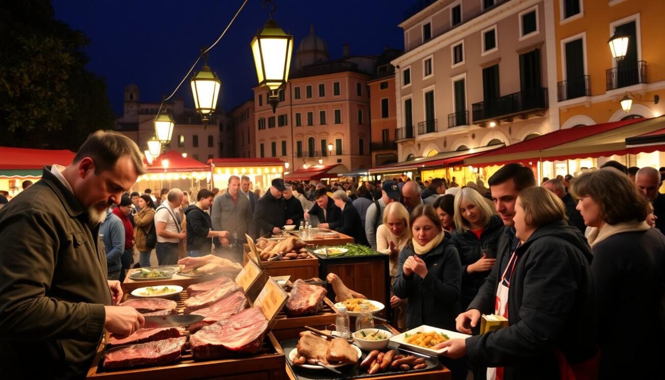 A bustling town square filled with vibrant stalls, the air thick with the tantalizing aroma of slow-roasted Nero di Castelpoto pork. Locals and visitors alike gather to celebrate the annual Sagra, their faces lit by the warm glow of lanterns. In the foreground, a master butcher expertly carves succulent slices, while in the middle ground, families savor the rich, tender meat alongside traditional Campanian dishes. In the background, the historic buildings of Castelpoto provide a picturesque backdrop, their timeless facades evoking the region's proud culinary heritage. This is a scene of community, tradition, and the irresistible allure of the Nero di Castelpoto, a true gastronomic treasure of Campania.