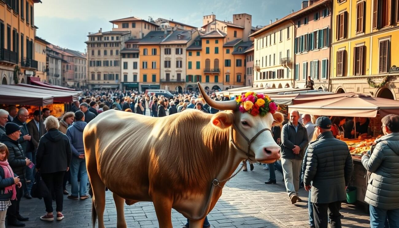 A bustling town square in Carrù, Italy, filled with the vibrant energy of the "Fiera del Bue Grasso" (Fair of the Fat Ox). In the foreground, a majestic Piedmontese Fassona cattle, its muscular frame adorned with a colorful floral wreath, stands proudly among the gathered crowd. In the middle ground, vendors offer an array of local delicacies and artisanal wares, while in the background, the historic buildings of Carrù provide a picturesque backdrop. The scene is bathed in warm, golden light, capturing the festive atmosphere of this centuries-old tradition that celebrates the region's renowned Fassona breed and its role in the local culture and economy.