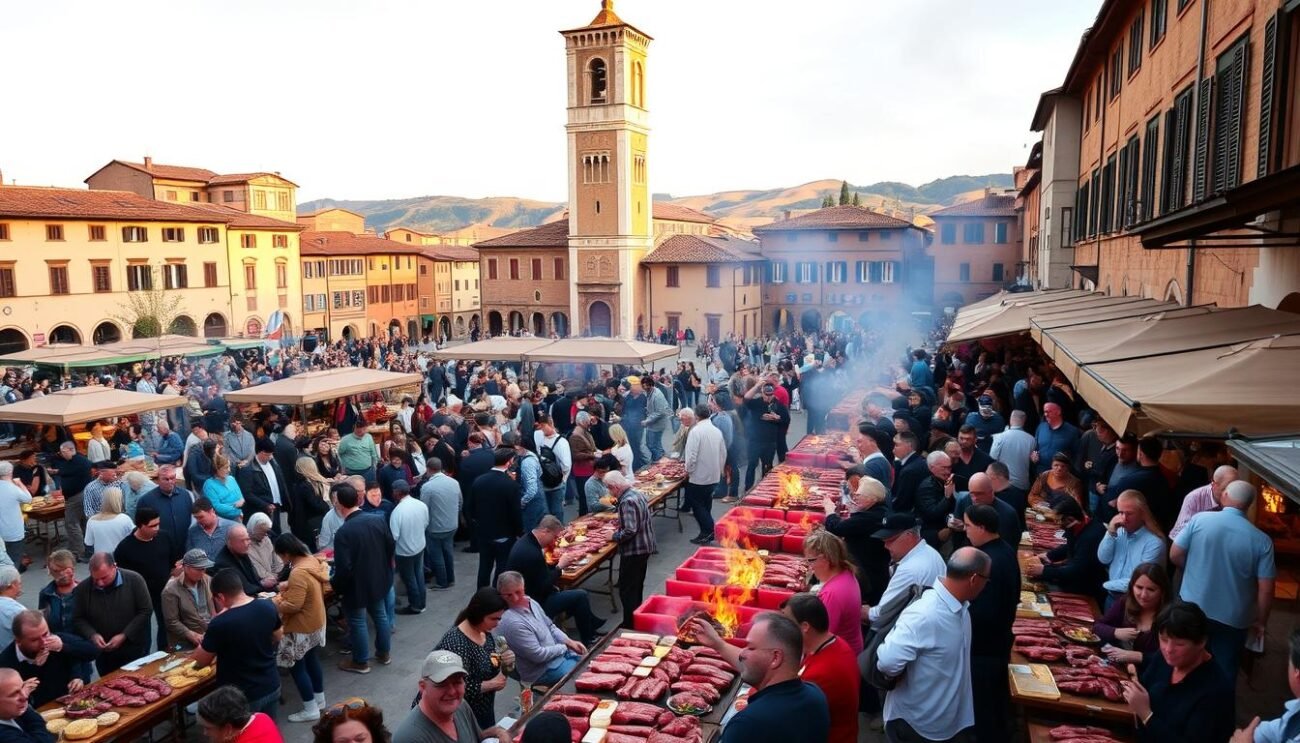 A bustling town square in Montepulciano, Tuscany, during the annual Sagra della Bistecca festival. The scene is bathed in warm, golden light, with the iconic bell tower of the Duomo in the background. In the foreground, a crowd of people gathered around long tables, enjoying hearty servings of the renowned Chianina and Cinta Senese beef steaks, grilled to perfection over open flames. The aroma of smoked meats and sizzling charcoal fills the air, creating a lively and convivial atmosphere. The middle ground features vendors selling local produce, cheeses, and artisanal crafts, while the background is dotted with historic buildings and the rolling Tuscan hills in the distance.