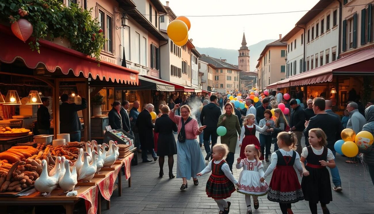A bustling town square in Mortara, Lombardy, Italy, where a centuries-old autumn festival is in full swing. Vibrant stalls and tents dot the scene, showcasing an array of roasted geese, homemade sausages, and traditional baked goods. The aroma of slow-cooked poultry and hearty soups fills the air, mingling with the lively chatter of locals and visitors alike. In the foreground, a group of revelers in traditional costumes dance to the lively rhythm of folk music, while children chase after colorful balloons. The scene is bathed in the warm glow of lanterns and the setting sun, creating a cozy, convivial atmosphere that celebrates the region's rich culinary and cultural heritage. A bustling town square in Mortara, Lombardy, Italy, where a centuries-old autumn festival is in full swing. Vibrant stalls and tents dot the scene, showcasing an array of roasted geese, homemade sausages, and traditional baked goods. The aroma of slow-cooked poultry and hearty soups fills the air, mingling with the lively chatter of locals and visitors alike. In the foreground, a group of revelers in traditional costumes dance to the lively rhythm of folk music, while children chase after colorful balloons. The scene is bathed in the warm glow of lanterns and the setting sun, creating a cozy, convivial atmosphere that celebrates the region's rich culinary and cultural heritage.