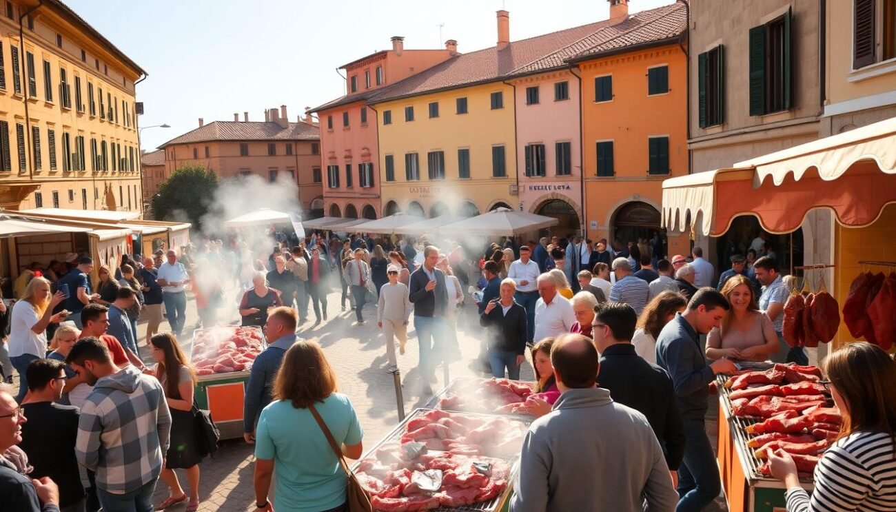 A bustling town square in Offida, Italy, bathed in warm, golden sunlight. In the center, a lively festival unfolds, celebrating the prized Marchigiana beef. Vendors offer succulent grilled cuts, their tantalizing aromas wafting through the air. Locals and visitors mingle, sampling the rich, flavorful meat, their faces alight with delight. In the background, historic buildings with terracotta roofs frame the scene, evoking the region's storied past. A sense of community and culinary tradition permeates the atmosphere, inviting all to savor the best of Offida's Festa del Castrato.