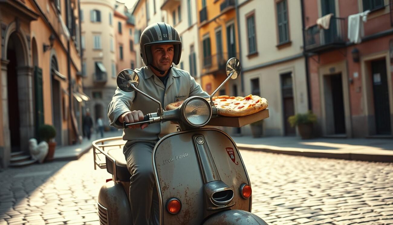 A bustling urban scene in post-war Italy, a weathered delivery scooter navigates the cobblestone streets as it transports a piping hot pizza to a nearby apartment. The rider, dressed in a crisp uniform, grips the handles with purpose, their face obscured by a vintage helmet. In the background, pastel-colored buildings line the narrow alleyways, laundry lines gently swaying in the breeze. Warm, diffused sunlight filters through the scene, casting a golden glow and evoking a nostalgic atmosphere. The scent of freshly baked dough and melted cheese permeates the air, a tantalizing invitation to the hungry residents awaiting their evening meal. This image captures the evolution of pizza delivery, a quintessential part of Italy's culinary and cultural heritage.