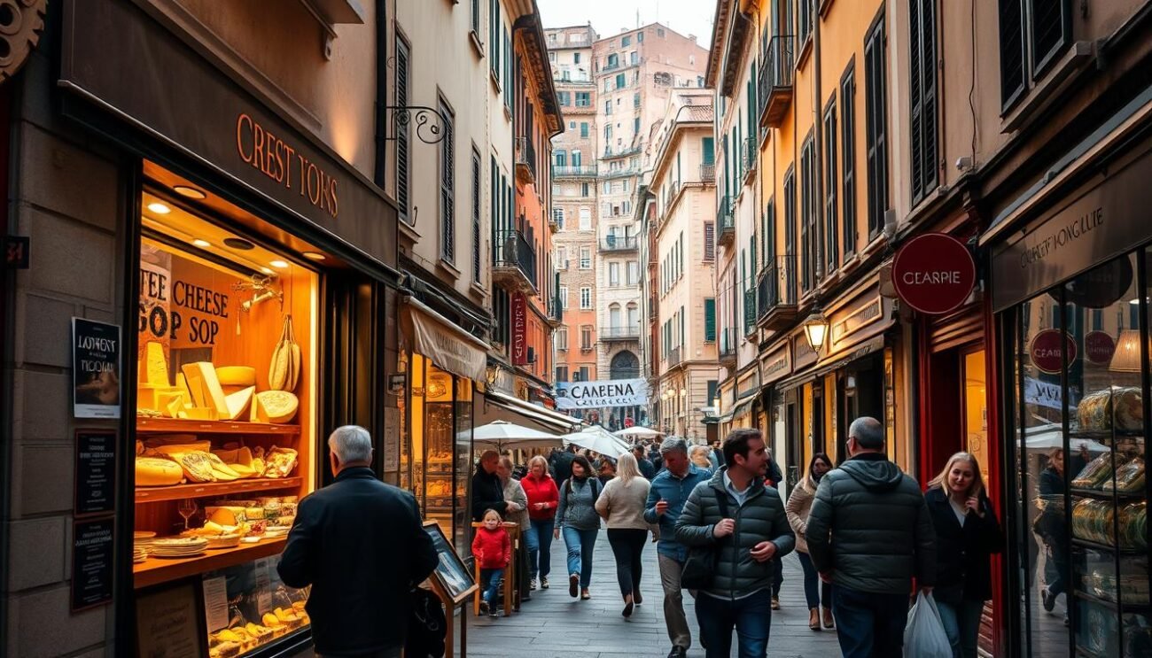 A bustling urban setting, with vibrant storefronts and lively pedestrian traffic. In the foreground, a cozy, well-lit cheese shop, its display windows showcasing an enticing array of artisanal cheeses and charcuterie. A warm, inviting atmosphere, with soft lighting and a hint of rustic charm. In the middle ground, people wandering the streets, immersed in the local culinary culture, sampling delicacies and exploring the city's gastronomic delights. The background features a picturesque Italian cityscape, with historic buildings, winding cobblestone streets, and a sense of timeless elegance. The overall mood is one of exploration, discovery, and the celebration of the senses, perfectly capturing the essence of an urban gastronomic tour. A bustling urban setting, with vibrant storefronts and lively pedestrian traffic. In the foreground, a cozy, well-lit cheese shop, its display windows showcasing an enticing array of artisanal cheeses and charcuterie. A warm, inviting atmosphere, with soft lighting and a hint of rustic charm. In the middle ground, people wandering the streets, immersed in the local culinary culture, sampling delicacies and exploring the city's gastronomic delights. The background features a picturesque Italian cityscape, with historic buildings, winding cobblestone streets, and a sense of timeless elegance. The overall mood is one of exploration, discovery, and the celebration of the senses, perfectly capturing the essence of an urban gastronomic tour.
