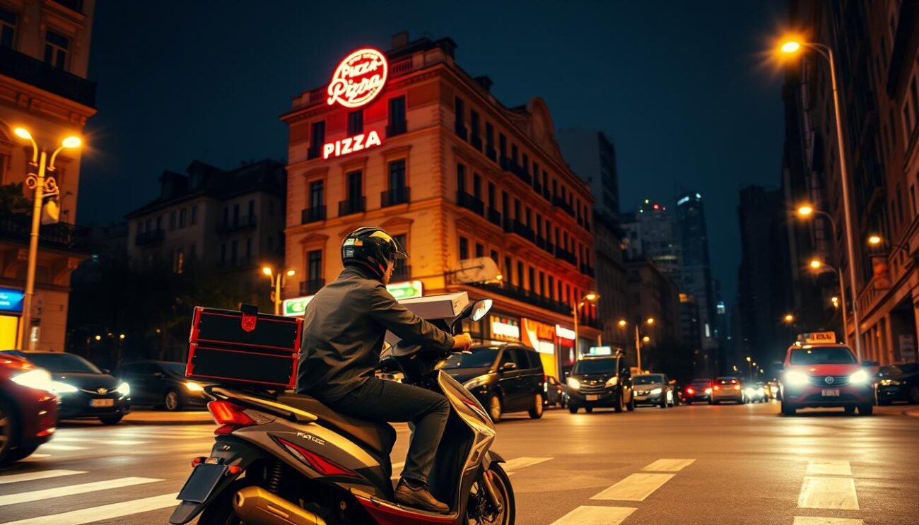 A busy city street at night, the warm glow of streetlights casting a cozy ambiance. In the foreground, a delivery person on a sleek moped, pizza box in hand, navigating the bustling traffic with ease. Middle ground features buildings in classic Italian architectural style, a neon sign for a local pizzeria casting a vibrant hue. In the background, a hazy skyline dotted with high-rises, suggesting the global reach of this beloved food. The scene conveys a sense of efficiency, convenience, and the seamless integration of traditional and modern elements, capturing the essence of the globalization of pizza delivery.