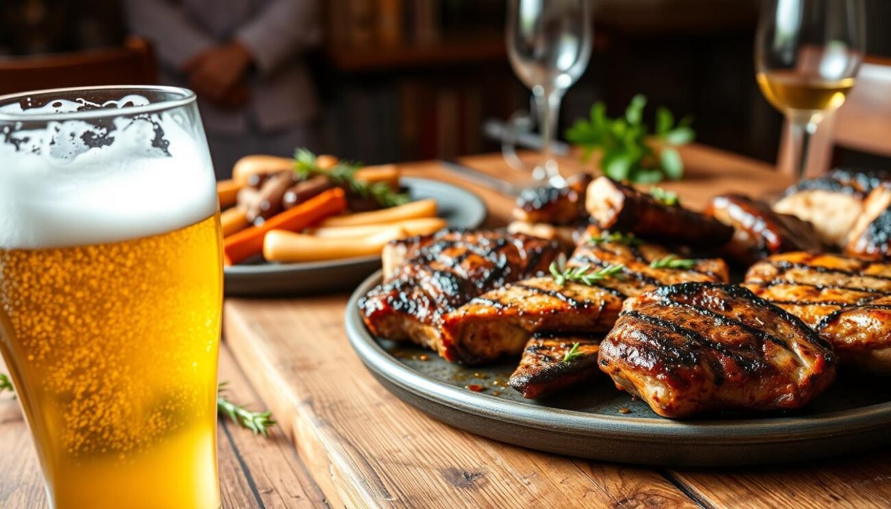 A carefully composed scene depicting a delectable pairing of artisanal Italian beer and expertly grilled meats. In the foreground, a frosted glass of golden lager condensates, nestled alongside a platter of sizzling, char-kissed cuts of beef and pork. The middle ground showcases a rustic wooden table, its surface adorned with fresh herbs, spices, and a hint of smoke from the grill. In the background, a warm, cozy atmosphere evokes the convivial spirit of an Italian trattoria, where the aroma of roasted meats and the clink of glasses create a symphony of culinary delight. Soft, natural lighting casts a gentle glow, emphasizing the textures and colors of this quintessential Italian feast.