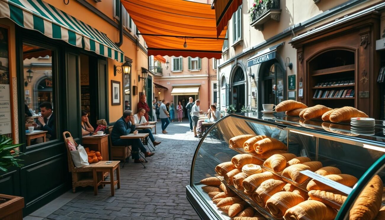 A charming Italian pasticceria nestled in a quaint town square, with sun-dappled cobblestones and colorful awnings. In the foreground, a tempting display of freshly baked pastries, croissants, and biscotti, artfully arranged in a vintage glass case. The middle ground features a cozy seating area, where locals sip espresso and converse animatedly. In the background, a warm, earthy color palette, with natural wood accents and subdued lighting, creating an inviting and authentic atmosphere. The overall scene conveys the timeless allure of Italian culinary craftsmanship and the joy of savoring handmade delicacies in a cherished neighborhood setting.