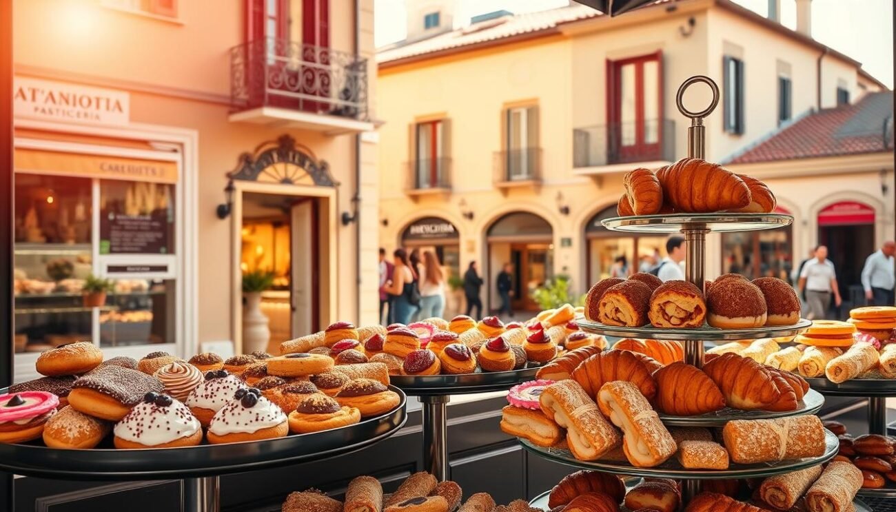 A charming Italian pasticceria nestled in a sun-drenched piazza, with ornate wrought-iron balconies and terracotta roofs in the background. In the foreground, a display of decadent pastries and confections spills out from a quaint storefront, their vibrant colors and intricate designs beckoning passersby. The warm, golden light filters through the windows, casting a cozy glow over the scene. Tiered trays overflow with flaky croissants, creamy cannoli, and delicate biscotti, each a masterpiece of traditional Italian craftsmanship. The air is thick with the enticing aroma of freshly baked goods and the soft hum of conversation, creating an atmosphere of authentic Italian indulgence.