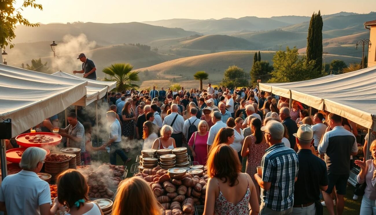 A charming outdoor festival celebrating the rich Italian culinary heritage of Porchetta di Cinta Senese. In the foreground, artisanal porchetta stalls emit tantalizing aromas, surrounded by a lively crowd of locals and visitors savoring the tender, flavorful meat. In the middle ground, traditional music and dance performances captivate the audience, while in the background, rolling Tuscan hills provide a picturesque backdrop. The lighting is warm and golden, evoking the welcoming atmosphere of a summer evening. The scene is captured through a wide-angle lens, showcasing the vibrant, communal spirit of the Porchettiamo Festival.