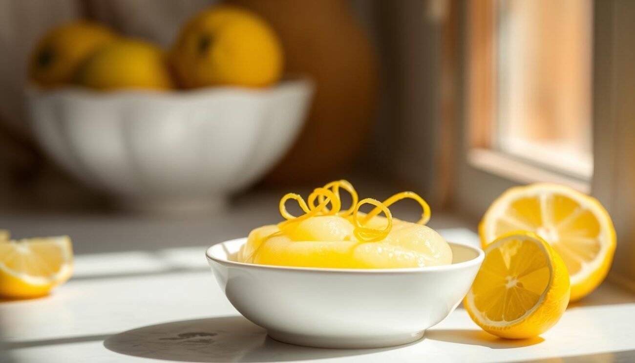 A chilled, creamy dessert made with fresh Sicilian lemons, sweetened with a touch of stevia. The vibrant yellow color pops against a simple white serving dish, garnished with delicate lemon zest curls. Sunlight filters through a window, casting a warm glow and soft shadows over the smooth, velvety texture of the sorbetto. The overall presentation is clean, minimalist, and evocative of a rustic Italian kitchen. The image conveys a sense of lightness, refreshment, and the vibrant flavors of the Sicilian countryside. A chilled, creamy dessert made with fresh Sicilian lemons, sweetened with a touch of stevia. The vibrant yellow color pops against a simple white serving dish, garnished with delicate lemon zest curls. Sunlight filters through a window, casting a warm glow and soft shadows over the smooth, velvety texture of the sorbetto. The overall presentation is clean, minimalist, and evocative of a rustic Italian kitchen. The image conveys a sense of lightness, refreshment, and the vibrant flavors of the Sicilian countryside.