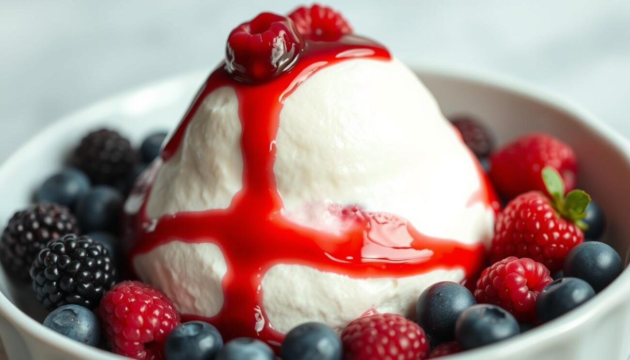 A chilled, creamy semifreddo dessert made with Greek yogurt and fresh berries. A smooth, airy texture with a rich, tangy flavor. Glistening raspberry coulis drizzled over the top, creating a visually appealing contrast. The semifreddo is presented in a white ceramic dish, with a scattering of plump, juicy blackberries and blueberries around the edges. Soft, natural lighting illuminates the dessert, highlighting its delicate layers and vibrant colors. The overall mood is light, refreshing, and elegantly simple, reflecting the healthful, indulgent nature of this "Semifreddo Proteico" creation. A chilled, creamy semifreddo dessert made with Greek yogurt and fresh berries. A smooth, airy texture with a rich, tangy flavor. Glistening raspberry coulis drizzled over the top, creating a visually appealing contrast. The semifreddo is presented in a white ceramic dish, with a scattering of plump, juicy blackberries and blueberries around the edges. Soft, natural lighting illuminates the dessert, highlighting its delicate layers and vibrant colors. The overall mood is light, refreshing, and elegantly simple, reflecting the healthful, indulgent nature of this "Semifreddo Proteico" creation.