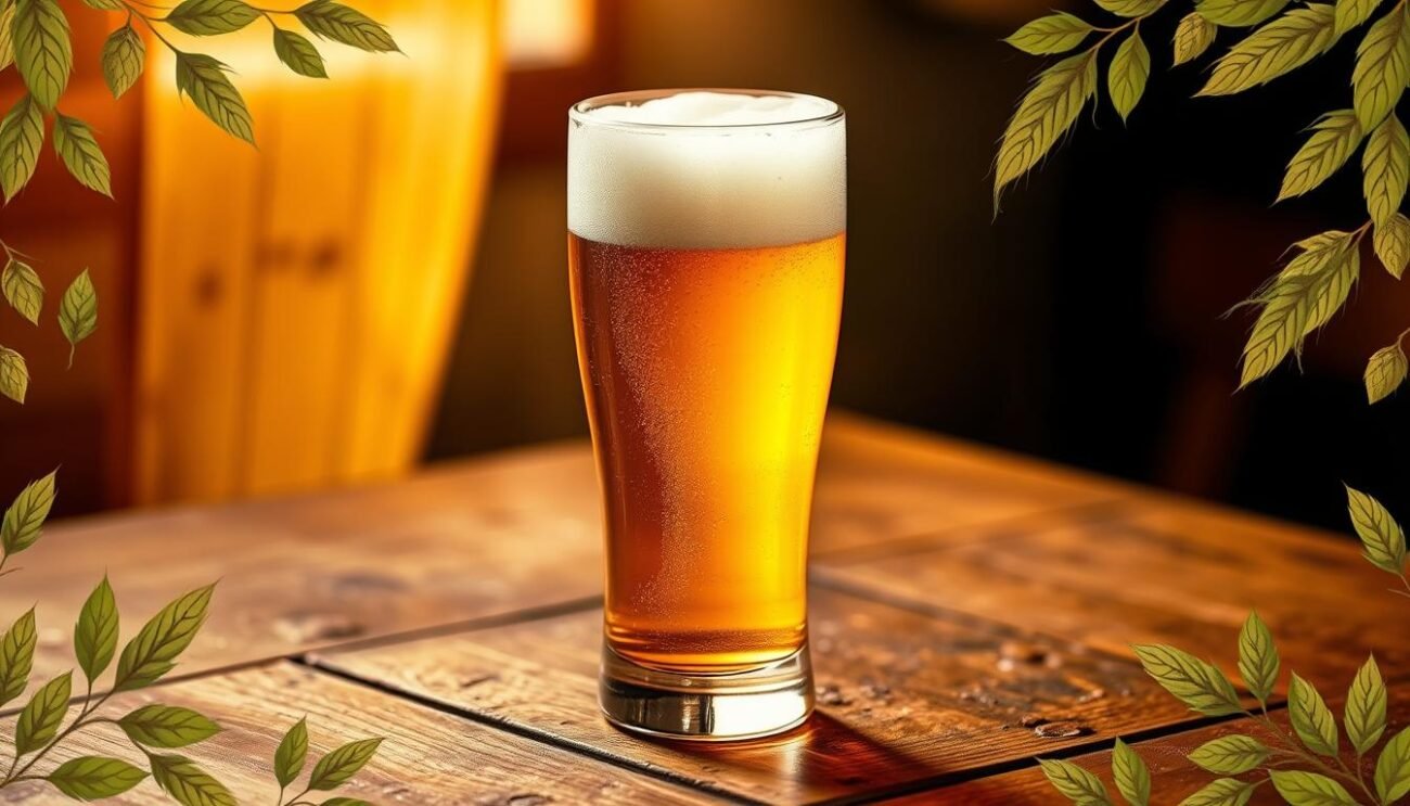 A chilled glass of golden lager, with a crisp, foamy head, standing on a rustic wooden table. The image is bathed in warm, soft lighting, creating a cozy, inviting atmosphere. In the background, a subtle pattern of hops and barley leaves frames the scene, hinting at the care and craftsmanship that goes into brewing this perfect pour. The overall impression is one of refined elegance and attention to detail, capturing the essence of the ideal serving temperature for this classic style of beer.