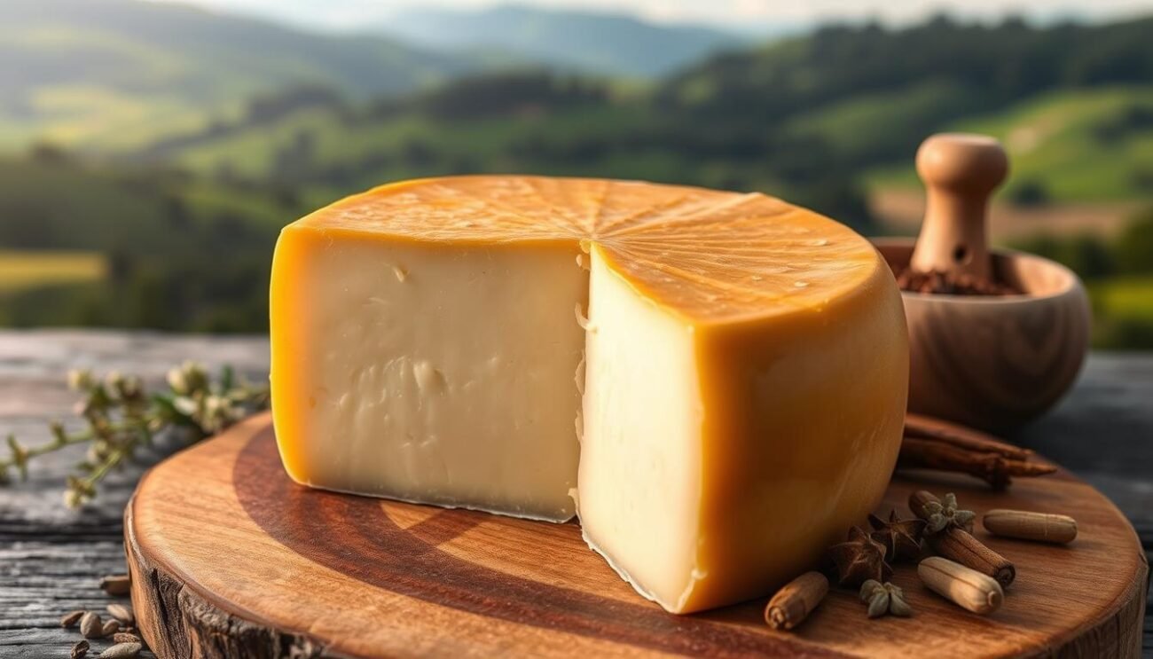 A classic Italian cheese, freshly aged Val Taleggio, resting atop a wooden board. Its smooth, pungent rind contrasts with the soft, creamy interior. Golden highlights catch the light, casting a warm glow. Aromatic herbs and spices linger nearby, hinting at the complex flavors within. In the background, rolling hills and valleys stretch out, verdant and serene, the setting for this renowned regional delicacy. A masterful, artisanal creation, emblematic of the rich culinary heritage of the Val Taleggio.