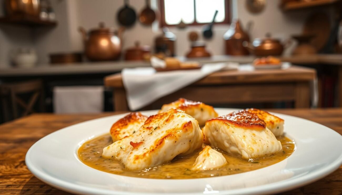 A classic Italian dish, Baccalà alla Vicentina, simmered in a rich, creamy sauce. In the foreground, a plate showcases tender, flaky cod fillets, their golden-brown crust glistening under the warm lighting. The middle ground features a rustic wooden table, adorned with a simple white linen cloth, complementing the earthy tones of the dish. In the background, a cozy kitchen interior with antique copper pots and pans, suggesting the traditional preparation methods. The overall atmosphere evokes a sense of homely, authentic Italian cuisine, inviting the viewer to savor the flavors of this regional specialty. A classic Italian dish, Baccalà alla Vicentina, simmered in a rich, creamy sauce. In the foreground, a plate showcases tender, flaky cod fillets, their golden-brown crust glistening under the warm lighting. The middle ground features a rustic wooden table, adorned with a simple white linen cloth, complementing the earthy tones of the dish. In the background, a cozy kitchen interior with antique copper pots and pans, suggesting the traditional preparation methods. The overall atmosphere evokes a sense of homely, authentic Italian cuisine, inviting the viewer to savor the flavors of this regional specialty.
