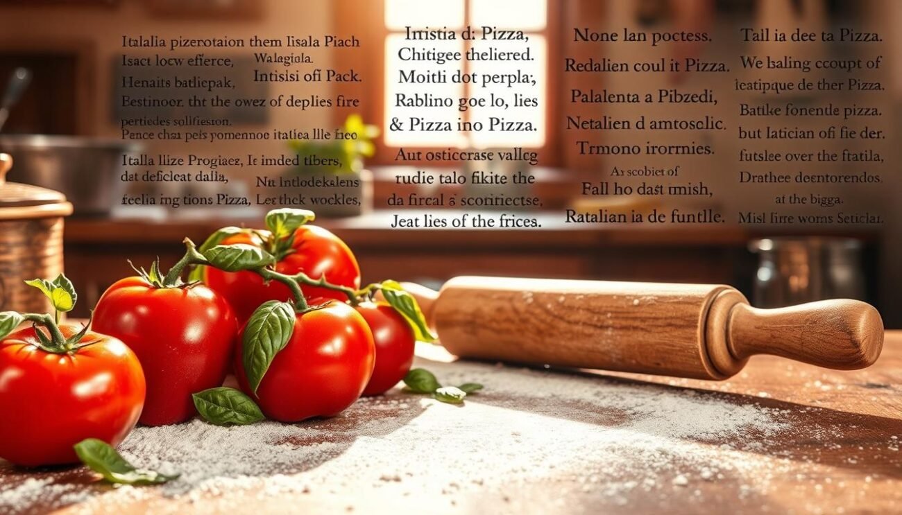 A classic Italian kitchen, bathed in warm, golden light. Plump, glistening tomatoes, fresh basil leaves, and a rolling pin with a well-worn handle sit on a weathered wooden table. Flour dusts the surface, hinting at the dough that will soon be transformed into a delectable pizza. In the background, a collage of Italian proverbs and sayings about pizza come to life, capturing the timeless wisdom and tradition woven into this beloved dish. The scene exudes a sense of nostalgia and the homespun charm of Italy's culinary heritage.