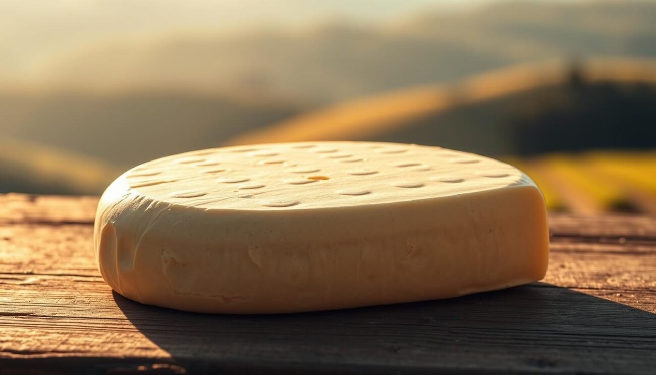 A classic Lombard cheese, Pannerone Lodigiano, rests on a rustic wooden surface. The creamy, delicate texture of the cheese is accentuated by the warm, golden lighting that casts gentle shadows. In the background, a soft, hazy landscape evokes the rolling hills and farmlands of the Lodi region, where this traditional cheese has been produced for generations. The composition exudes a sense of tranquility and artisanal craftsmanship, capturing the essence of the "Storia e Origini del Formaggio" section of the article.