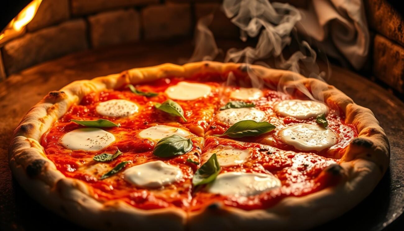 A classic Neapolitan pizza, freshly baked in a wood-fired oven, its crisp crust adorned with a vibrant red tomato sauce, creamy mozzarella, and a drizzle of fragrant olive oil. The steam rising from the piping hot dish, the aroma of fresh basil leaves, and the sizzling sound of the crust as it's sliced, all contribute to a sensory experience that epitomizes the essence of Italian culinary tradition. Captured in a soft, warm lighting that highlights the rich textures and vibrant colors, this image evokes the cozy atmosphere of a bustling trattoria in the heart of Naples, where the art of pizza-making has been perfected over generations.