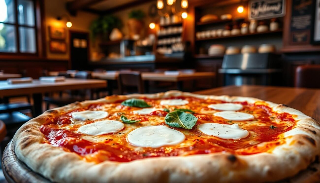 A classic Neapolitan pizza with a thin, chewy crust and a simple yet flavorful tomato sauce. The pizza is topped with fresh mozzarella cheese, basil leaves, and a drizzle of high-quality olive oil. The scene is set in a traditional Italian pizzeria, with warm lighting, rustic wooden tables, and the aroma of baking bread filling the air. The camera angle captures the pizza in close-up, highlighting the delicate balance of ingredients and the artisanal craftsmanship of the pizza maker. The overall mood is one of authentic Italian culinary tradition and the comforting familiarity of a beloved dish.