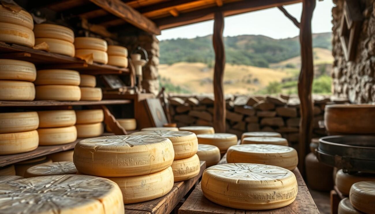 A classic Pecorino cheese made in the historic Volterra region of Tuscany. The scene depicts a traditional cheese-making workshop, with artisanal tools and equipment used to craft this centuries-old delicacy. Aging wheels of Pecorino rest on wooden shelves, their natural rind textures illuminated by soft, warm lighting. In the background, rolling hills and stone walls hint at the rugged, picturesque landscape that gives this cheese its distinctive terroir. The overall atmosphere evokes the timeless heritage and artisanal pride behind this quintessential Tuscan specialty.