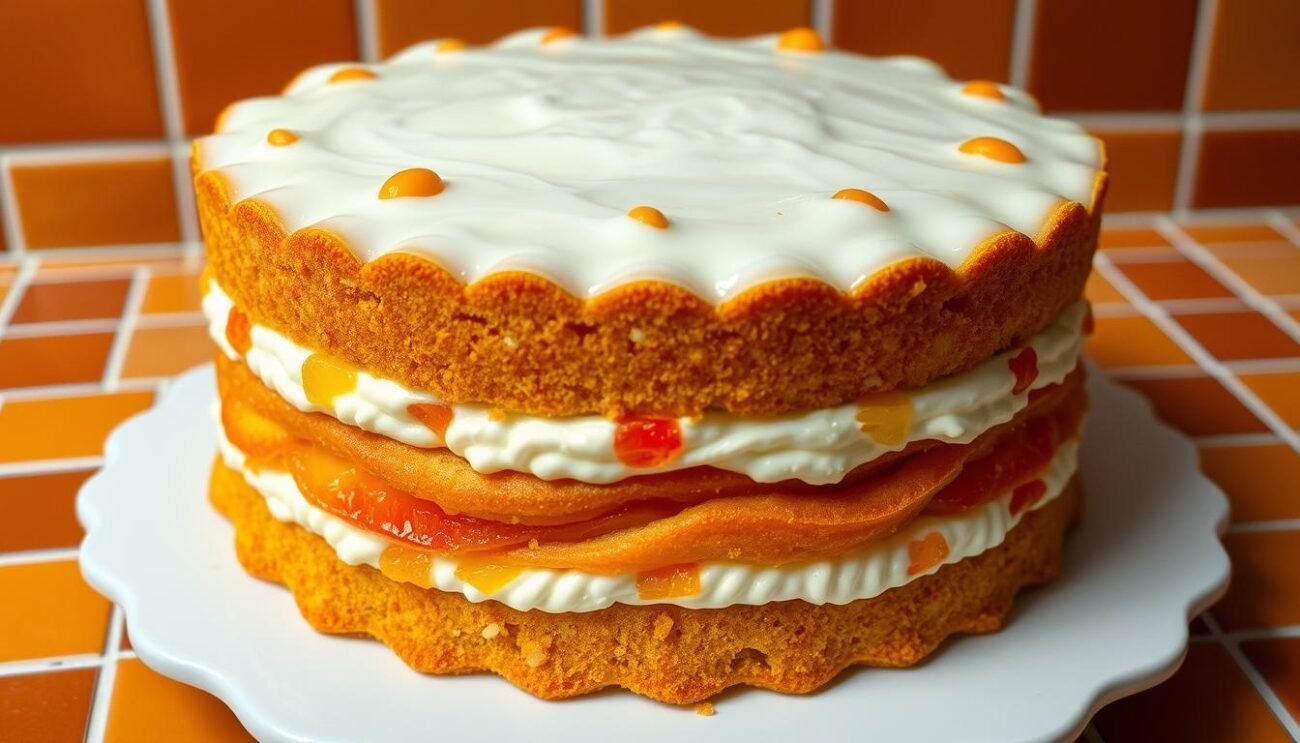 A classic Sicilian cassata, a grand display of rich ricotta, candied citrus fruits, and luscious sponge cake. Layers of creamy white ricotta, flecked with the vibrant hues of vibrant orange and lemon peel, nestled between moist golden sponge cake. The dessert is crowned with a glossy glaze, reflecting the warm Sicilian sun. Scalloped edges and elegant flourishes accentuate the artisanal craftsmanship. Set against a backdrop of warm terracotta tiles, evoking the rustic charm of a Sicilian kitchen. Soft, diffused lighting casts a gentle glow, highlighting the intricate details and the inviting texture of this iconic Sicilian delicacy.