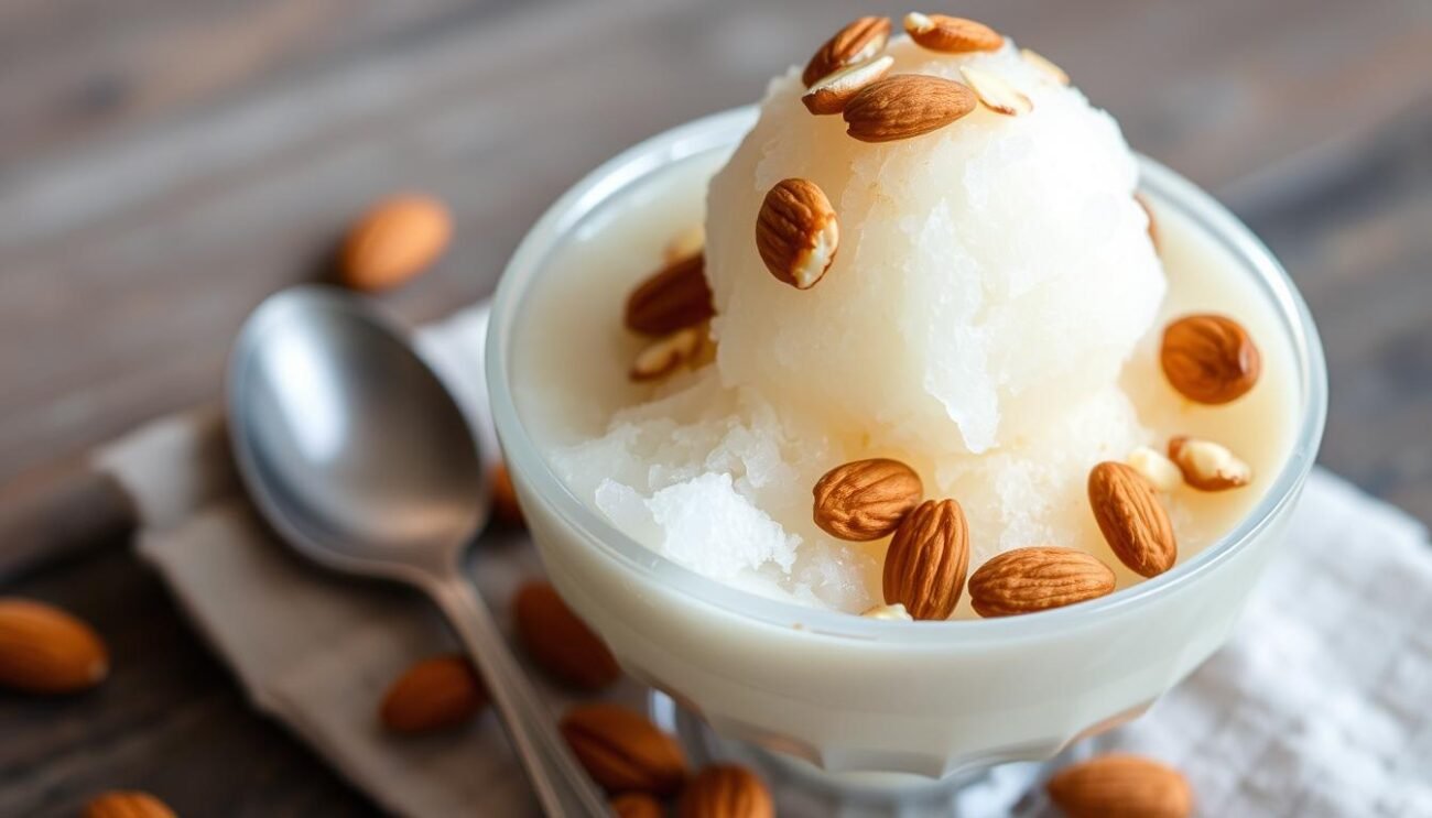 A classic Sicilian granita alla mandorla, crafted with artisanal almond milk, devoid of sugar. The smooth, velvety texture is achieved through a traditional preparation method, where the mixture is gently frozen and continuously scraped, resulting in a delicate, icy treat. The soft, milky hue is accentuated by the warm, golden tones of the toasted almonds sprinkled atop, creating a visually appealing and inviting dessert. The image is captured in a rustic, intimate setting, with a focus on the granita itself, showcasing its natural simplicity and the care taken in its preparation. A classic Sicilian granita alla mandorla, crafted with artisanal almond milk, devoid of sugar. The smooth, velvety texture is achieved through a traditional preparation method, where the mixture is gently frozen and continuously scraped, resulting in a delicate, icy treat. The soft, milky hue is accentuated by the warm, golden tones of the toasted almonds sprinkled atop, creating a visually appealing and inviting dessert. The image is captured in a rustic, intimate setting, with a focus on the granita itself, showcasing its natural simplicity and the care taken in its preparation.