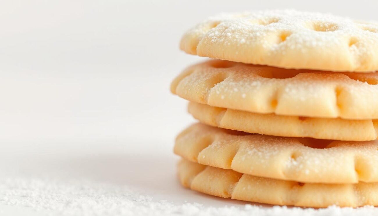 A close-up image of a stack of delicate, lightly golden amaretti cookies, gently dusted with a thin layer of powdered sugar. The cookies have a soft, melt-in-your-mouth texture, revealing their almond and egg white origins. The lighting is soft and diffused, creating a warm, inviting atmosphere. The background is clean and minimalist, allowing the cookies to be the focal point. The overall impression is one of simplicity, purity, and a healthful indulgence.