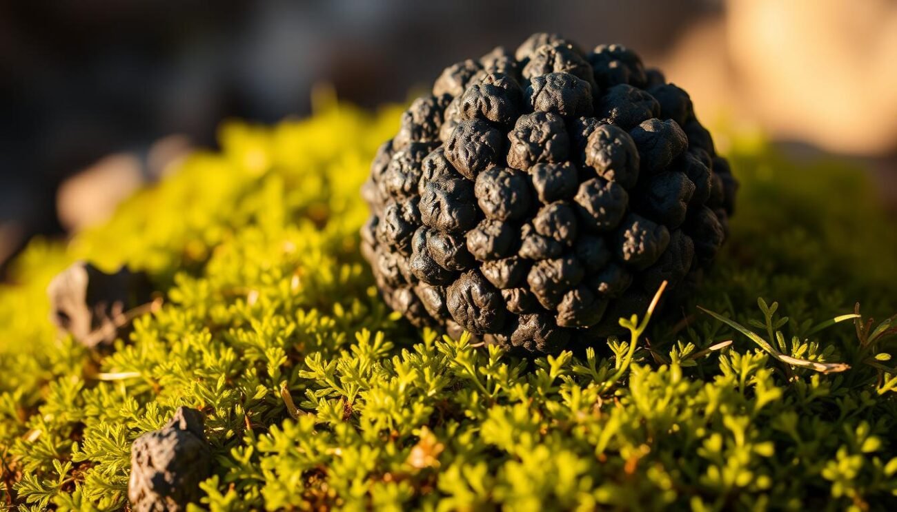 A close-up of a freshly unearthed Norcia black truffle, its irregular shape and dark, earthy hue capturing the essence of this rare and precious culinary treasure. The truffle sits atop a bed of lush, verdant moss, illuminated by warm, golden lighting that casts subtle shadows, highlighting its intricate textures and natural beauty. The scene evokes a sense of rustic elegance, inviting the viewer to appreciate the unique terroir and artisanal craftsmanship that define this exceptional delicacy from the Umbrian region.