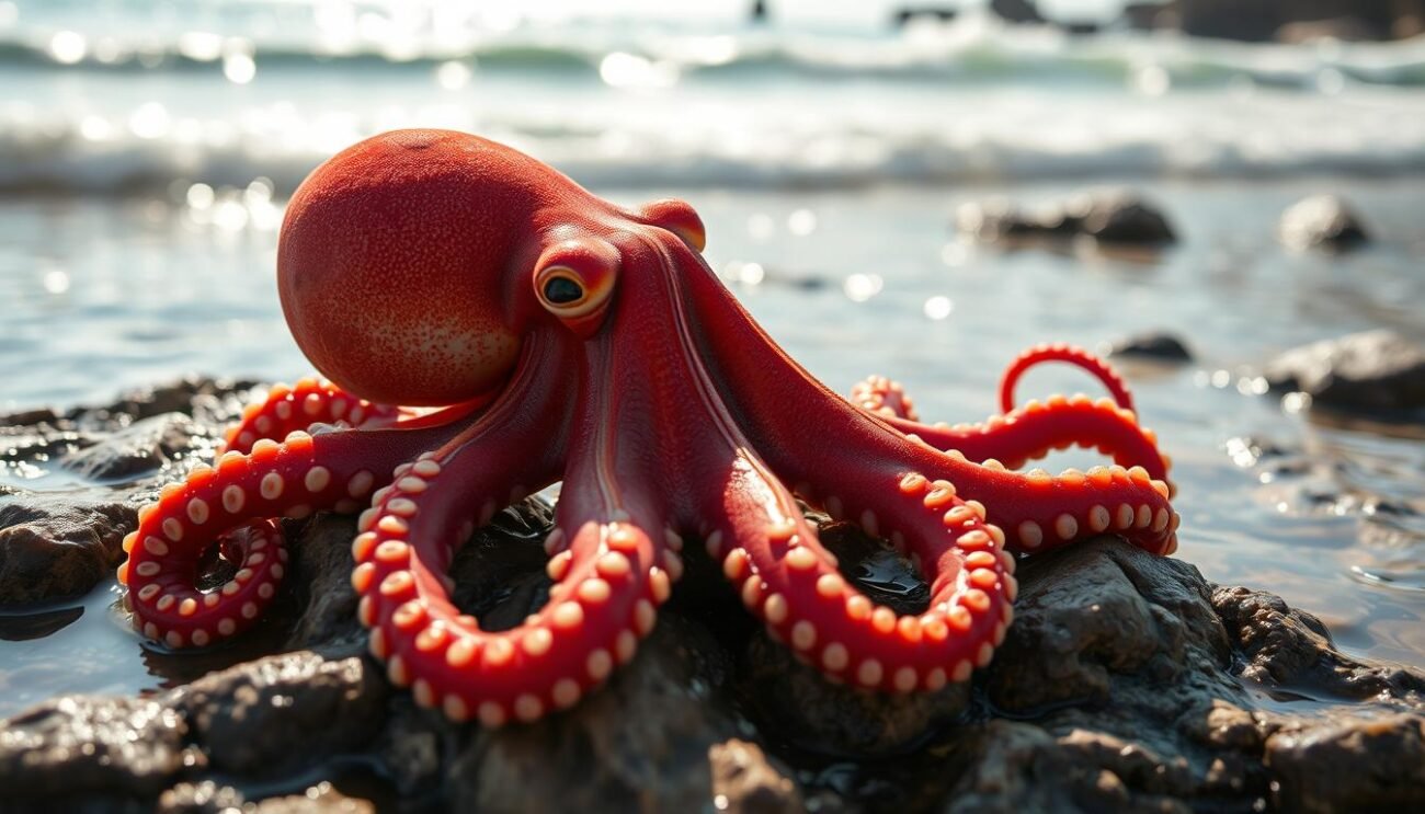 A close-up of a vibrant, tentacled polpo (Mediterranean octopus) resting on a rocky, tidal pool against a backdrop of gentle waves and a sun-dappled seascape. The polpo's bulbous head and long, supple limbs are captured in vivid detail, its suckers grasping the uneven surface. Soft natural lighting highlights the creature's rich, reddish-brown hue and the intricate textures of its skin. The overall scene conveys a sense of calm, coastal tranquility, befitting the "Il Polpo: Caratteristiche e Varietà" section of the article.