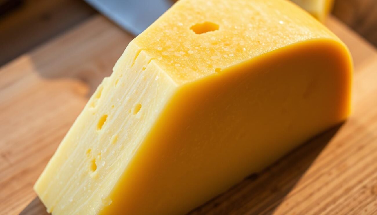 A close-up of a wedge of golden-yellow Grana Padano cheese, its rind dotted with tiny crystal-like flecks. The cheese's surface is gently mottled, revealing its complex, aged texture. The lighting casts warm, soft shadows, highlighting the cheese's beautiful aging patterns. In the background, a wooden cutting board or table provides a rustic, natural setting. The overall scene conveys the artisanal craftsmanship and rich, distinctive character of this iconic Italian DOP cheese.