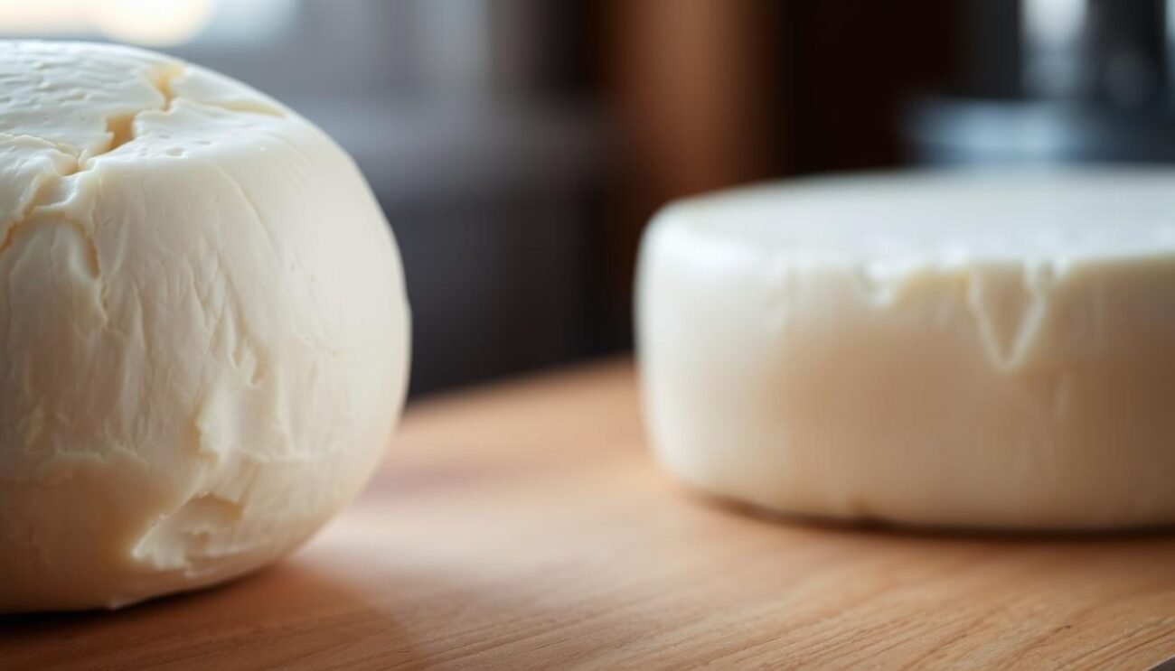 A close-up photograph of a round, creamy white cheese wheel with a soft, delicate rind. The cheese is resting on a wooden surface, with a soft, diffused natural light illuminating its texture and highlighting the subtle grooves on the surface. The foreground is in sharp focus, while the background is slightly blurred, creating a sense of depth and drawing the viewer's attention to the central subject. The overall mood is one of rustic simplicity, showcasing the artisanal nature and delicate characteristics of the Formaggella del Luinese DOP cheese.