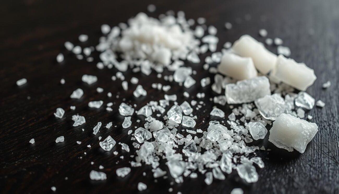 A close-up photograph of various types of salt crystals scattered atop a dark, polished wooden surface. The salts are arranged in an artful, asymmetrical pattern, with larger crystals in the foreground and smaller, more delicate crystals in the background. The lighting is soft and diffused, casting gentle shadows that accentuate the texture and facets of the salt. The overall mood is one of refinement and attention to detail, highlighting the important role that salt plays in elevating the flavors and textures of sweet desserts.